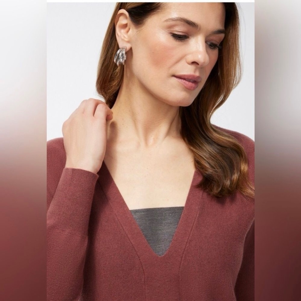 NWT Chico's Cashmere Blend Caviar Beaded Pullover Sweater Sz L 2 V-Neck Sable